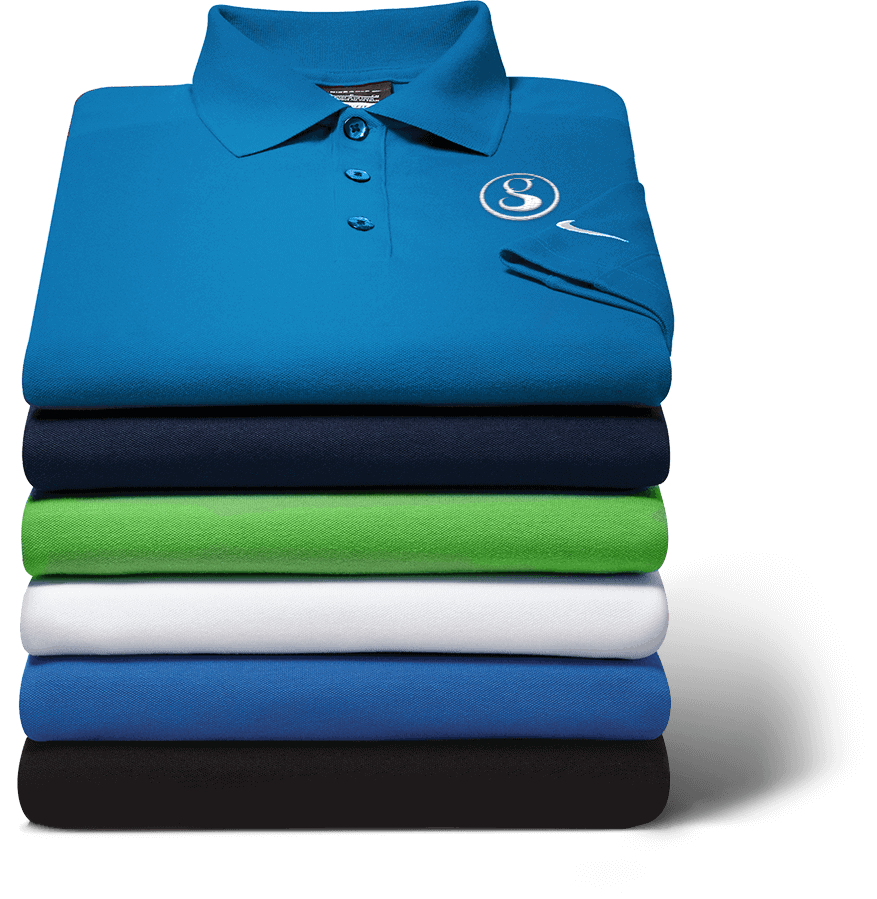 a stack of branded polos in blue, green, and white