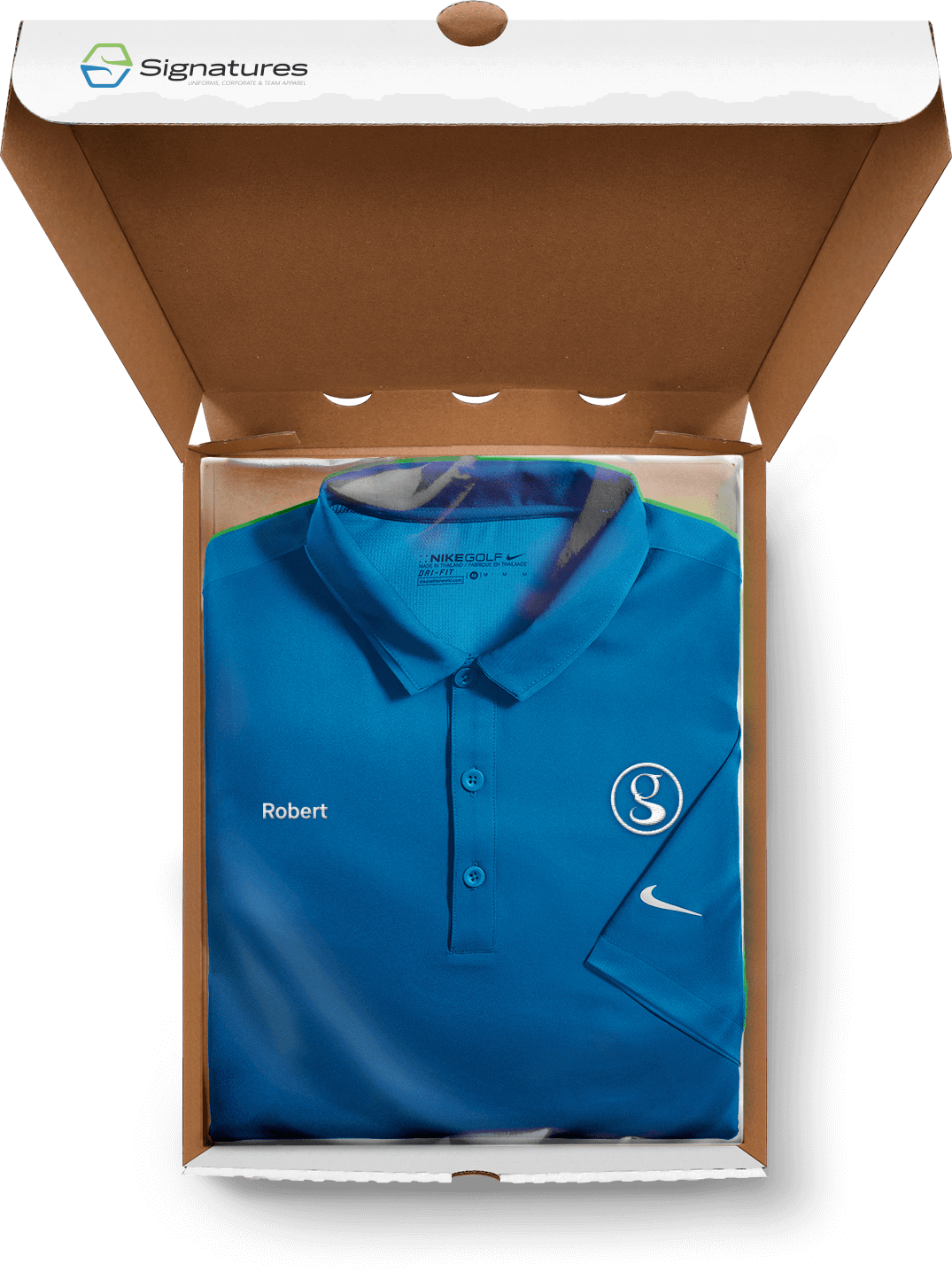 A blue branded polo packaged in a ready-to-ship box