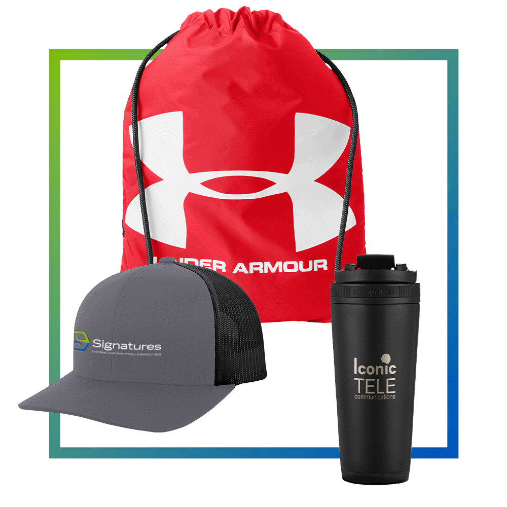 a red drawstring bag, a grey mesh-back cap, and a black coffee cup